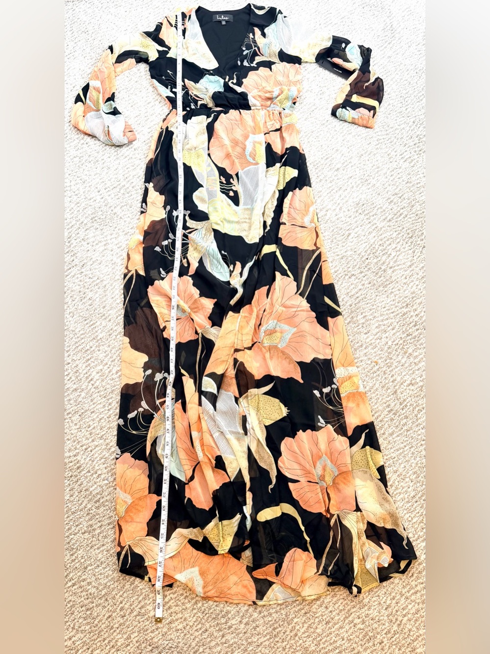 Lulu's Black Maxi Dress Coral & Mint Floral Print Faux Wrap XS NWT - Picture 14 of 16